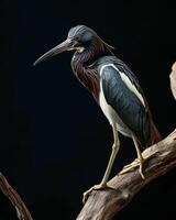 Tricolored Heron bird standing on the rooted in studio isolated on black background photo