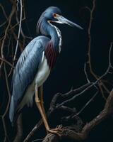 Tricolored Heron bird standing on the rooted in studio isolated on black background photo