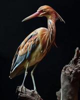 Red Heron bird standing on the rooted in studio, isolated on black background photo