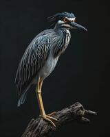 Yellow-crowned Night Heron bird on the rooted in studio isolated on black background photo