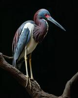 Tricolored Heron bird on the rooted in studio isolated on black background photo