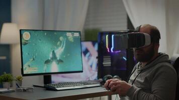 Pro cyber sport gamer wining playing games using vr headset. Virtual space shooter game championship in cyberspace, esports player performing on powerful computer during gaming tournament video