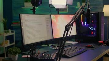 Close-up of streaming chat in empty gaming studio during online games tournament. Pro streamer losing space shooter games using technology network wireless video