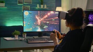 Pro gamer losing space shooter competition while wearing virtual reality headset. Defeated gamer using professional console for online tournament on powerful computer in gaming home studio video