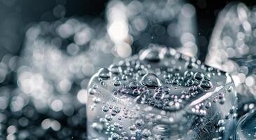 Close-Up of Clear Ice Cubes With Water Droplets on a Dark Background photo