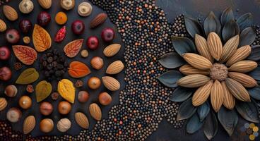 Colorful Arrangement of Dried Fruits and Nuts on a Dark Surface photo