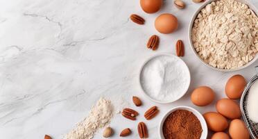 Baking Ingredients Laid Out on Marble Countertop in Bright Kitchen photo