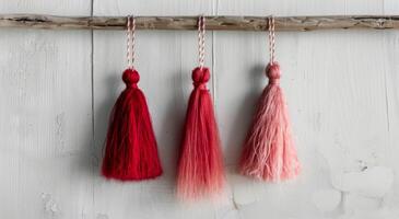Red Tassels Hanging on a Branch Against a Textured Neutral Background photo