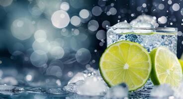 Fresh Lime Slices Surrounded by Water Droplets on Dark Surface photo