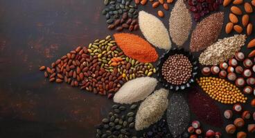 Colorful Arrangement of Dried Fruits and Nuts on a Dark Surface photo