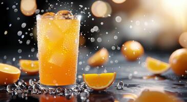 Refreshing Orange Beverage With Slices and Bubbles on a Sunlit Surface photo