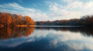 Autumn Reflections Over Calm Lake With Colorful Trees In Misty Mountains photo