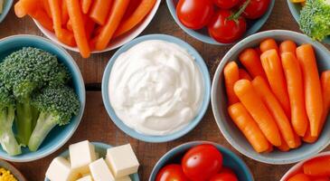 Colorful Assortment of Fresh Vegetables and Dips on Wooden Surface photo