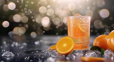 Refreshing Orange Beverage With Slices and Bubbles on a Sunlit Surface photo