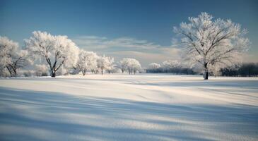 Frosty Winter Landscape With Snow-Covered Trees Under Clear Blue Sky photo