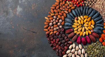 Colorful Arrangement of Dried Fruits and Nuts on a Dark Surface photo