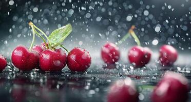 Fresh Cherries With Water Droplets on Reflective Surface in Soft Light photo