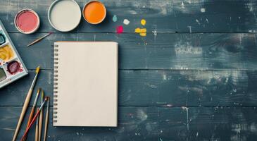 Art Supplies on a Wooden Table With Blank Sketchbook and Used Paint Palette photo