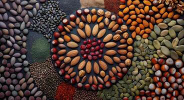 Colorful Arrangement of Dried Fruits and Nuts on a Dark Surface photo