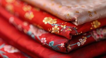 Vibrant Floral Patterns on Fabric Rolls Displayed in Craft Store photo