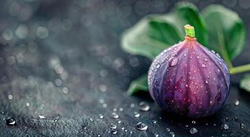 Fresh Fig With Dew Drops on Dark Surface photo