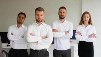Professional leader and staff. Portrait of happy diverse business partners with crossed arms look at camera video