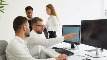 Diverse Financial Analysts and Day Traders Working on a Computers with Multi-Monitor Workstations with Real-Time Stocks, Commodities and Exchange Market Charts video