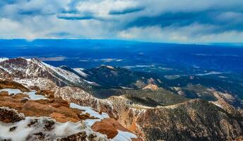 Panorama of winter mountains, snow-covered slopes of Pikes Peak mountains, Colorado, US photo