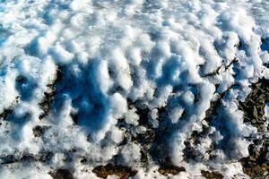 Smooth blocks of melting ice glisten in the sun, ice near the Black Sea, Odessa photo