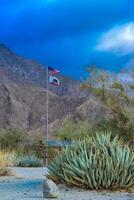 CALIFORNIA, USA - NOVEMBER 27, 2019 the flag of the USA and California on the background of the mountains, Agave in the foreground photo