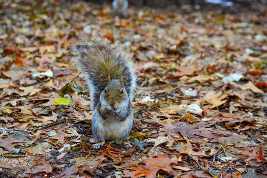 gris ardilla sciurus carolinensis recoge nueces en el parque, salvaje animales, manhattan, nuevo York foto