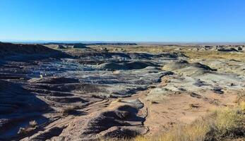Landscape and panorama of erosive multi-colored clay in Petrified Forest National Park, Arizona photo