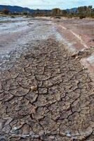 Cracked red clay and white salt on the surface in a dried riverbed in the desert of New Mexico, USA photo