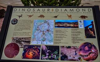 UTAH, USA - MAY 07, 2018 - information sign with information about extinct dinosaurs and their remains in nature in Utah, US photo