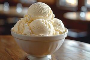 Scoops of Vanilla Ice Cream in a White Bowl photo