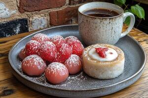Dessert Plate with Sweet Rice Dumplings, Strawberries, and Tea photo