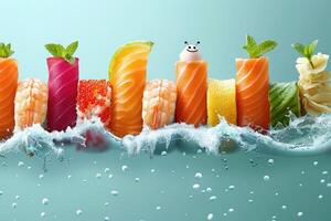 Colorful Sushi Rolls Emerging from Water with Splash and Bubbles photo