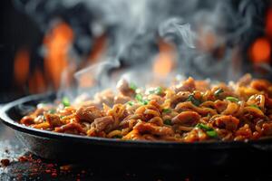 Steaming Wok of Noodles, Meat, and Vegetables photo