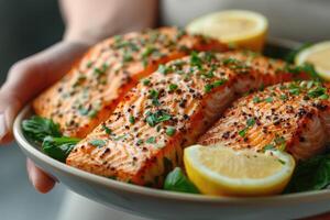 Close-Up of Grilled Salmon with Lemon and Parsley photo