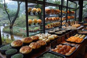 Assortment of Bread and Pastries Displayed in a Bakery Window photo