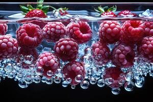 Raspberries and Strawberries Submerged in Water with Bubbles photo