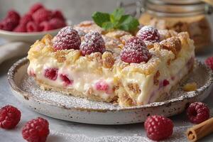 Raspberry and Cream Dessert with Powdered Sugar photo