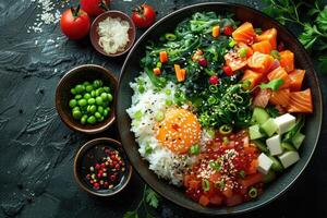 Salmon and Rice Bowl with Cucumber, Spinach, and Red Tobiko photo