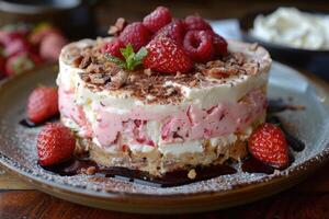 Strawberry and Raspberry Cake with Chocolate Drizzle and Cream photo