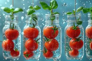 Tomatoes and Basil Suspended in Water-Filled Glass Bottles photo