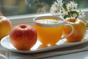 A Cup of Tea with Apples and Flowers on a White Tablecloth photo
