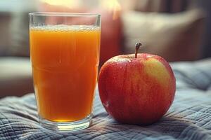 A Glass of Apple Juice and a Fresh Red Apple on a Fabric Surface photo