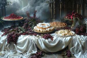 A Mystical Still Life with Cakes, Grapes, and a Cloudy Background photo