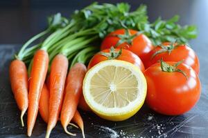 A lemon wedge, carrots, and tomatoes on a black surface photo