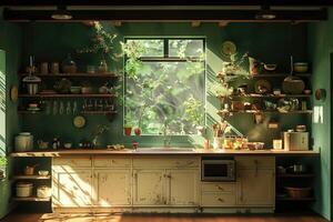 A Rustic Kitchen with Green Walls and Sunlight Streaming Through a Window photo